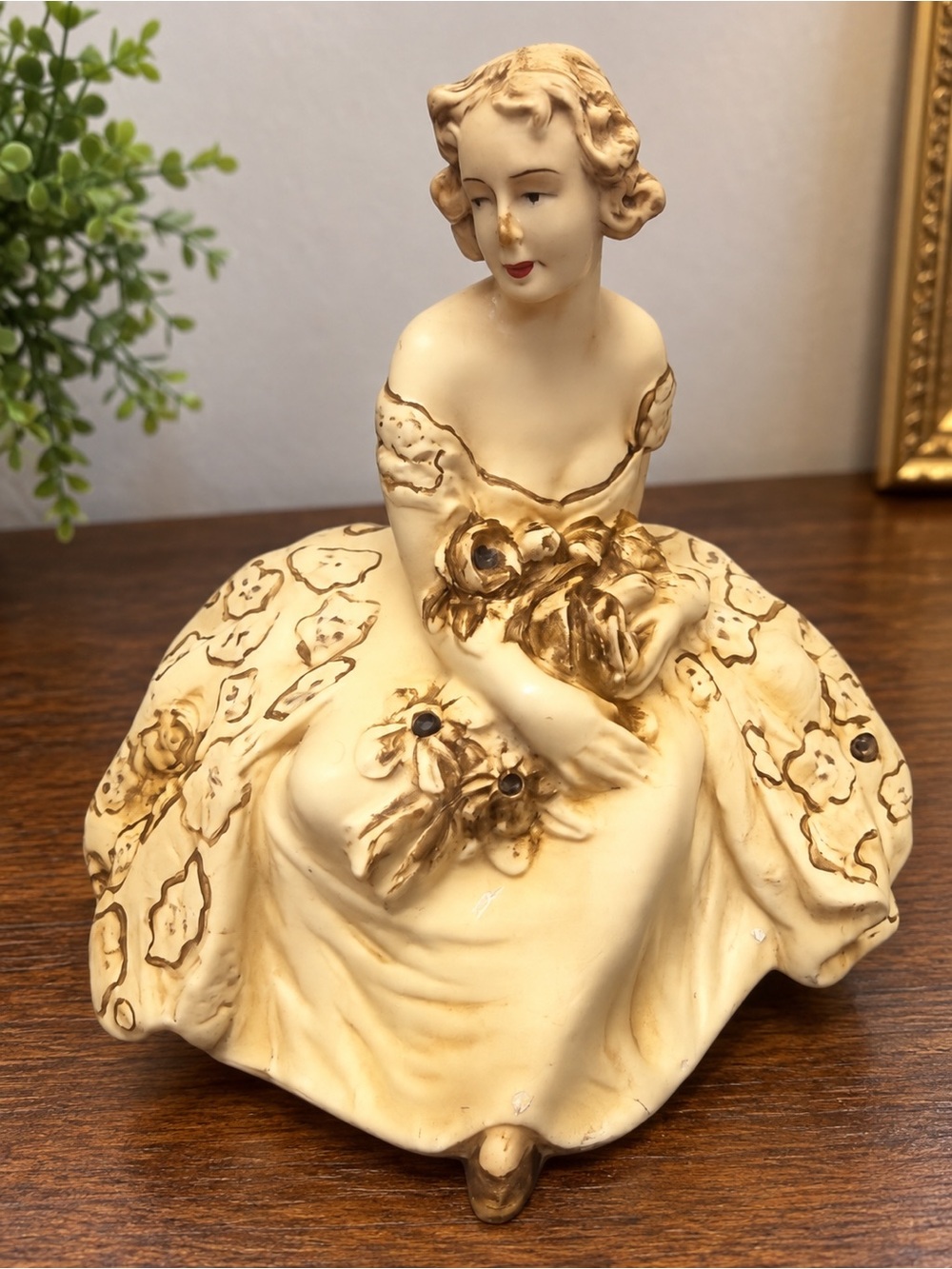 Vintage Art Deco Style Lady Figurine – Seated Woman in Floral Gown Gold Tone